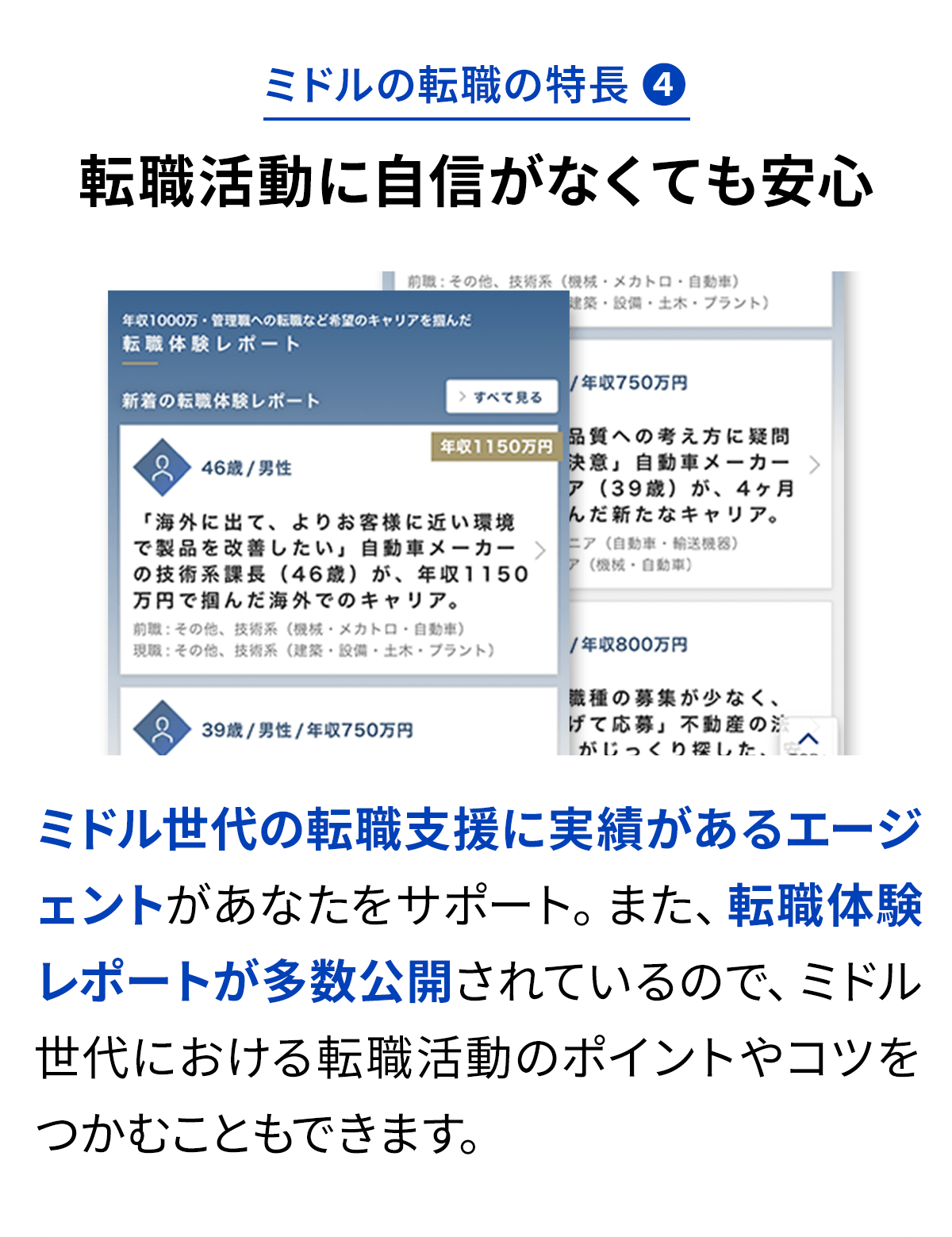 ミドルの転職の特長4 転職活動に自信がなくても安心 ミドル世代の転職支援に実績があるエージェントがあなたをサポート。また、転職体験レポートが多数公開されているので、ミドル世代における転職活動のポイントやコツをつかむこともできます。