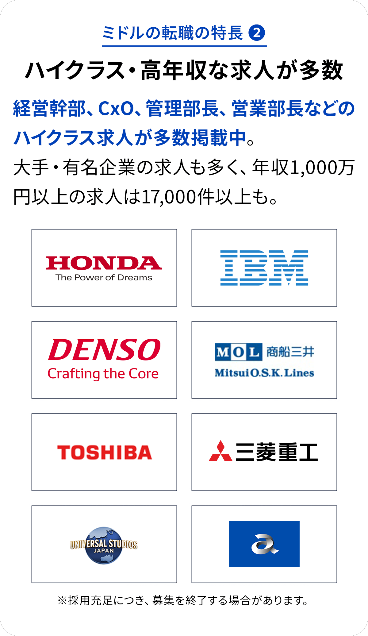 ミドルの転職の特長2 ハイクラス・高年収な求人が多数 経営幹部、CxO、管理部長、営業部長などのハイクラス求人が多数掲載中。大手・有名企業の求人も多く、年収1,000万円以上の求人は17,000件以上も。