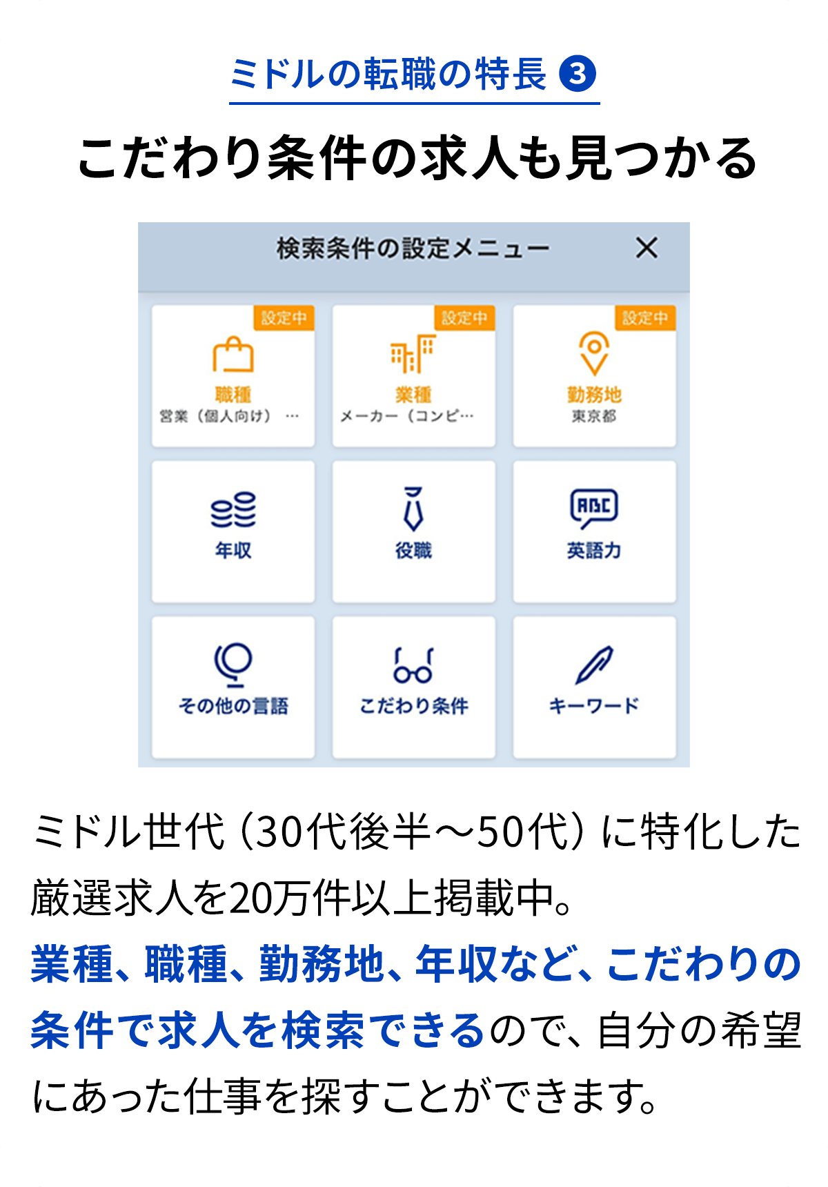 ミドルの転職の特長3 こだわり条件の求人も見つかる ミドル世代（30代後半～50代）に特化した厳選求人を20万件以上掲載中。業種、職種、勤務地、年収など、こだわりの条件で求人を検索できるので、自分の希望にあった仕事を探すことができます。