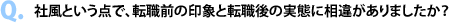 Q.社風という点で、転職前の印象と転職後の実態に相違がありましたか？